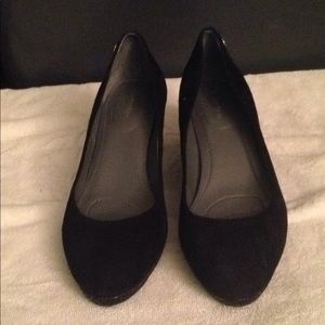 Calvin Klein Black Suede w/ patent leather wedge